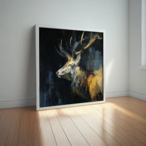 Stag Abstract Wildlife Painting Print in Deep Blue and Yellow - abstract, animal, wildlife, stag, impressionist